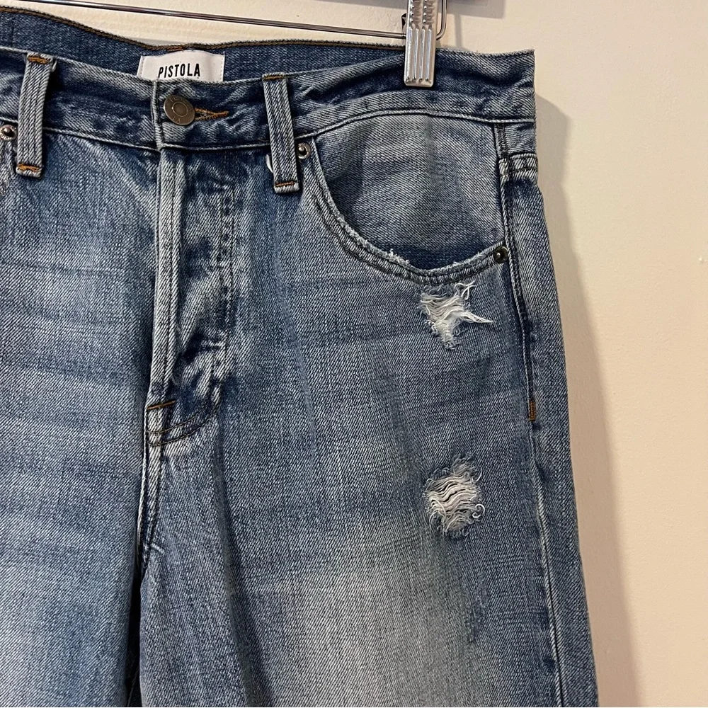 Pistola Women’s Jeans light Wash Distressed Raw Hem Cropped Straight Leg
